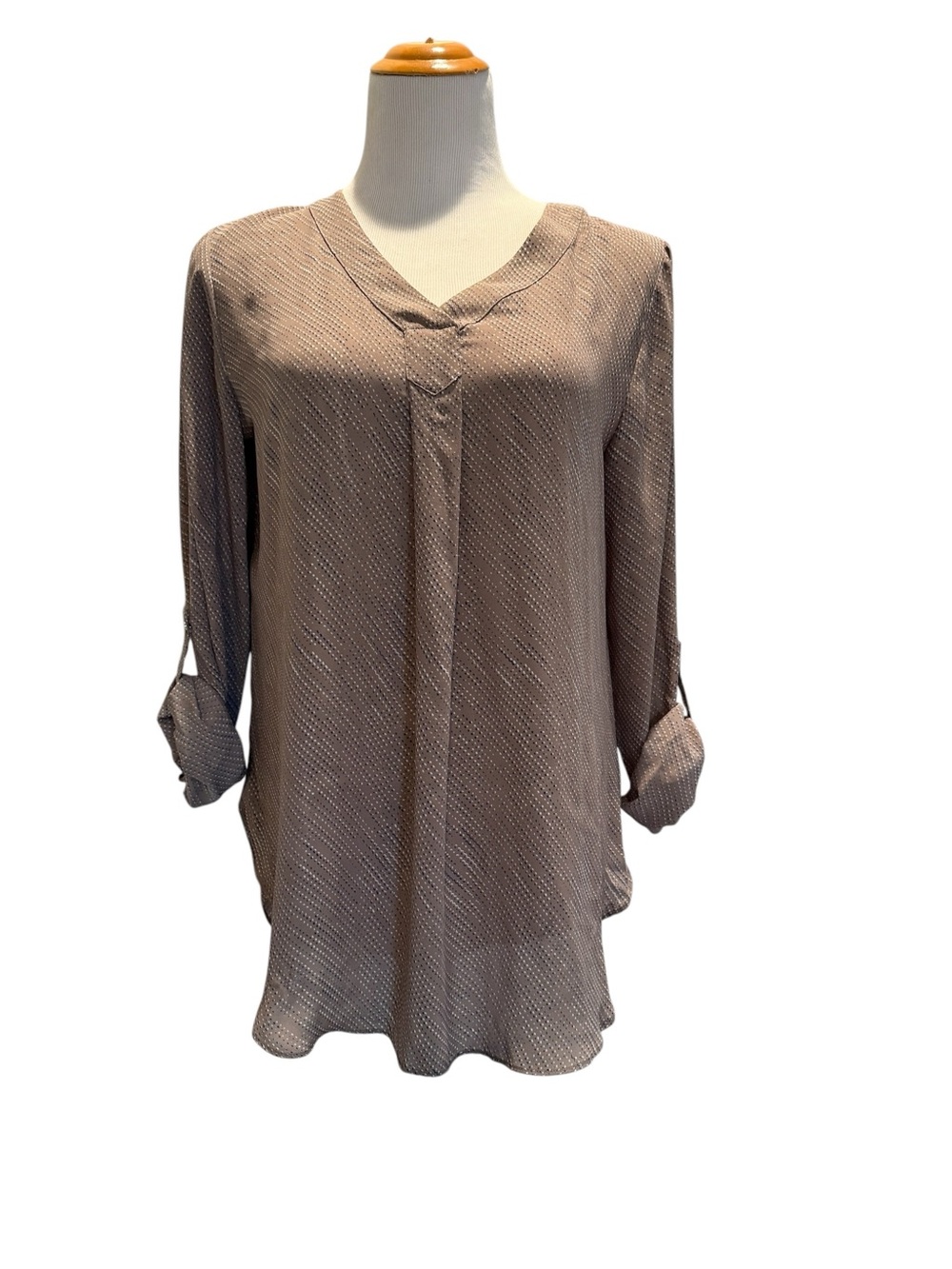 Womens Taupe Roll-Sleeve V-Neck Tunic Top